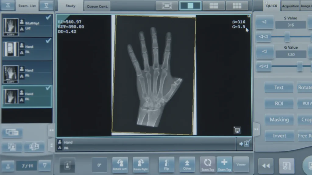 X-ray viewing software displaying a hand radiograph with S Value and G Value exposure index readings