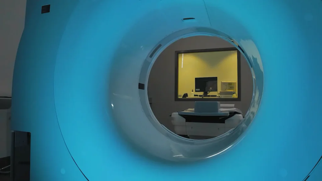View through a blue-lit CT scanner bore into a control room with a monitor and workstation