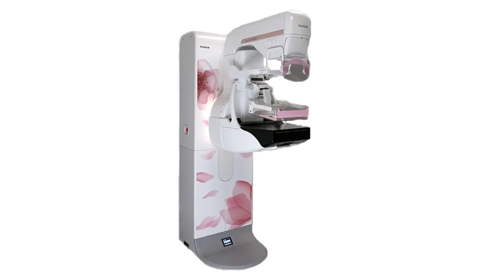 Fujifilm Aspire Cristalle 3D mammography system with a pink floral design on the housing