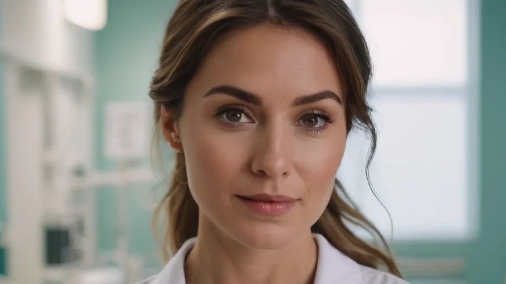Close-up portrait of a smiling woman in a white medical coat in a clinical exam room