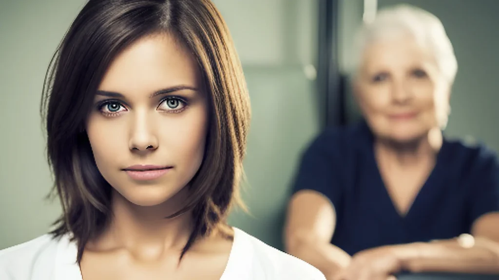 Close-up portrait of a young woman with an older woman in scrubs blurred in the background