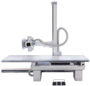 Acuity FDR+ digital radiography system with examination table, overhead tube column, and wall-mounted detector stand, shown against a gray background