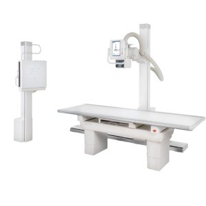 Acuity FDR+ digital radiography system showing the wall stand and table/tube column configuration on a white background