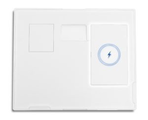 Top-down view of the Acuity DRe detector housing showing the wireless charging pad and battery compartment
