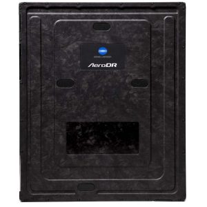 Back view of the AeroDR Glassless detector panel with carbon fiber casing and Konica Minolta AeroDR logo