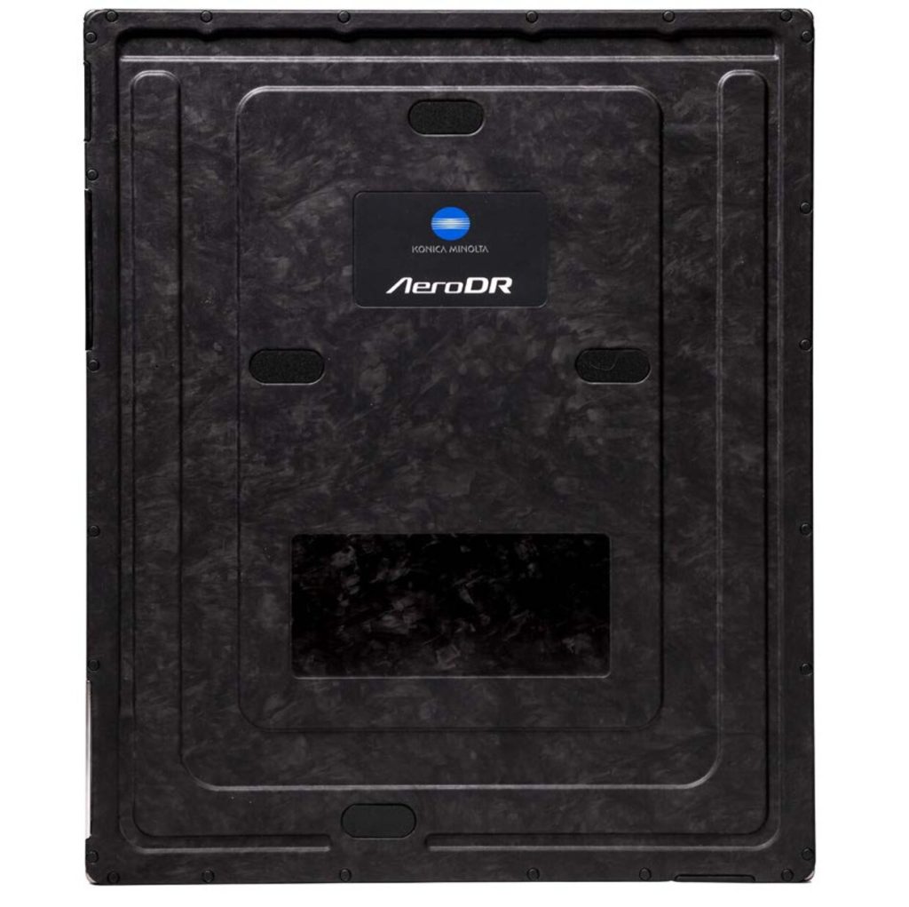 Back view of the AeroDR Glassless detector panel with carbon fiber casing and Konica Minolta AeroDR logo