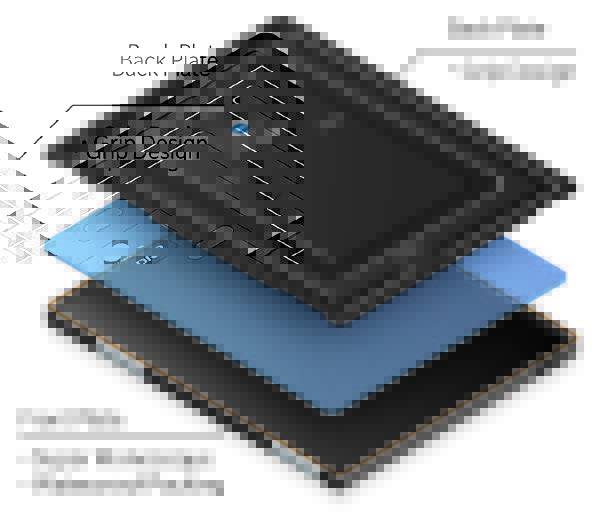 Exploded illustration of the AeroDR Glassless detector showing the back plate with grip design and front plate with super monocoque waterproof packing