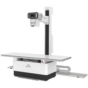 Fujifilm FDR Clinica T radiographic room showing the tube head, wall stand, and elevating exam table, angled view