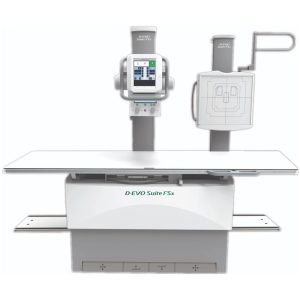 Fujifilm D-EVO Suite FSX floor-mounted radiography system with overhead tube, table, and wall stand