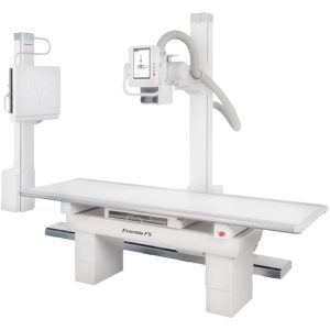 Essentia FS radiographic/fluoroscopic system shown at an angle, featuring the wall stand, table, and overhead tube column