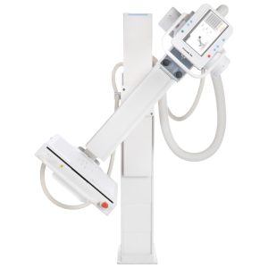 Essentia SA radiographic system shown at an angle, featuring the wall stand, table, and overhead tube column
