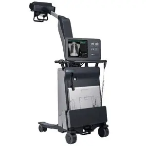 Overlay illustration showing the Fujifilm FDR AQRO mobile X-ray unit's tube head in two positions