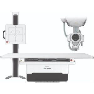 Fujifilm FDR Clinica X radiographic room showing the wall stand, ceiling-suspended tube head, and elevating exam table