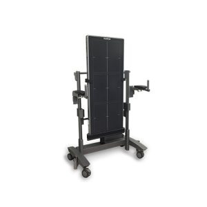 Fujifilm FDR D-EVO GL wireless detector mounted in a mobile wall stand with adjustable side arms and casters