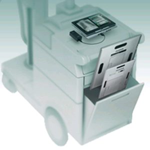 FDR Flex Retrofit mobile X-ray unit with digital cassette loaded in holder and display screen on top