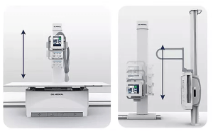 Diagram illustrating the FMT-18 mobile X-ray system's tube head vertical travel range on the table and wall stand