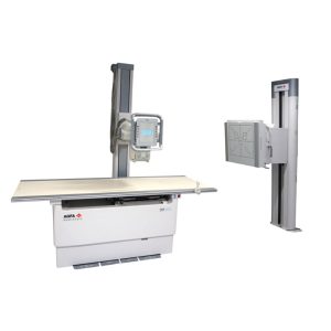 AGFA DR 400 floor-mounted radiography system with wall bucky stand and imaging table