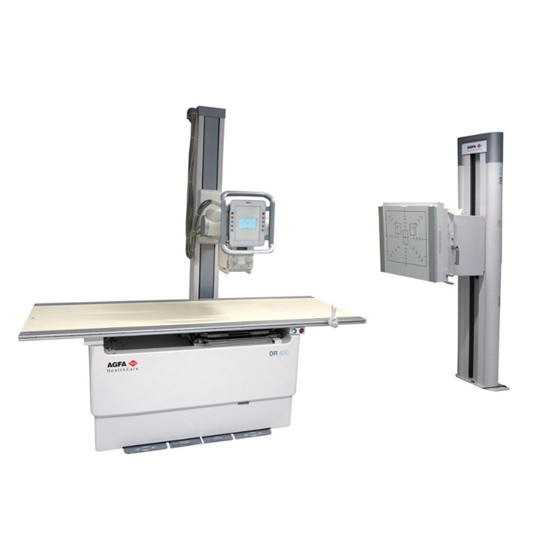 AGFA DR 400 floor-mounted radiography system with wall bucky stand and imaging table
