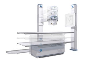 Illustration composite showing the floor-mounted DR system's wall stand, tube head, and table components in transparent overlay