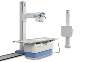 Konica Minolta floor mounted DR system with table, tube column, and separate wall stand detector