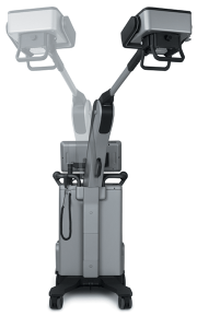 Fujifilm FDR AQRO portable digital X-ray system on a mobile cart with monitor displaying a chest X-ray