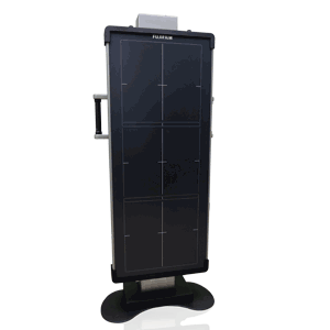 Fujifilm FDR D-EVO GL wireless detector mounted upright in its stand, angled view