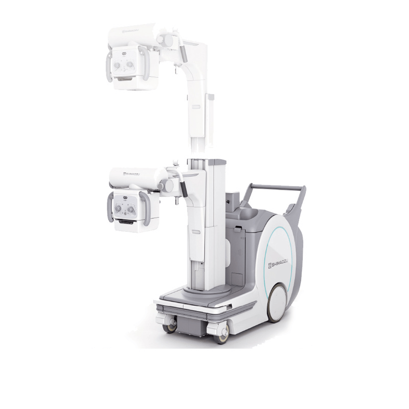 Shimadzu MX8 mobile X-ray system with dual tube head positions shown overlaid