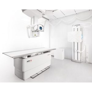 AGFA DR 600 radiography room with ceiling-suspended tube, wall stand, and imaging table