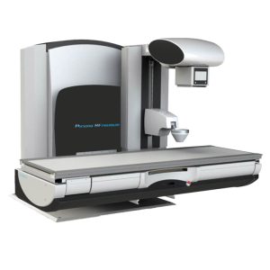 Persona RF PREMIUM radiographic and fluoroscopy table with tube head and overhead crane arm, angled view