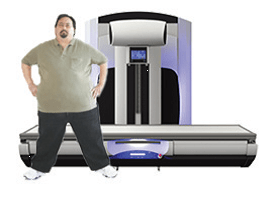 Illustration of an overweight patient standing next to the Persona RF PREMIUM table demonstrating bariatric patient support