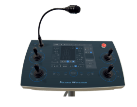 Persona RF PREMIUM operator remote control panel with dual joysticks, gooseneck microphone, and touchscreen display