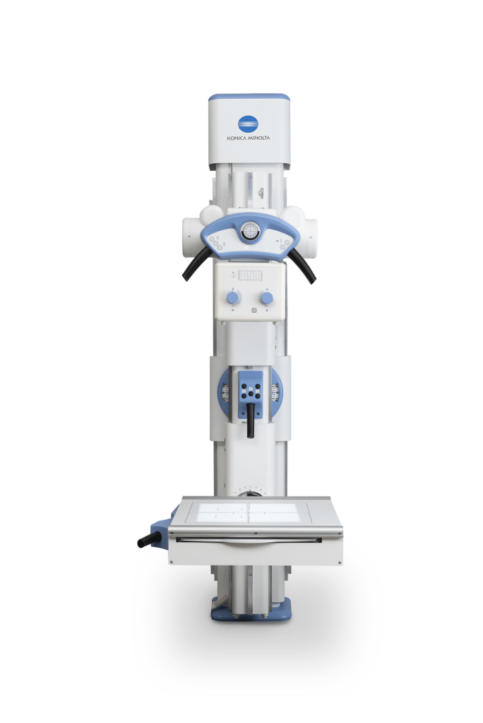 Konica Minolta straight arm digital radiography system shown from the front with U-arm column and table