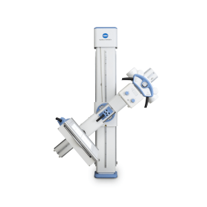 Konica Minolta straight arm digital radiography system shown at an angle with wall stand, U-arm column, and tube head