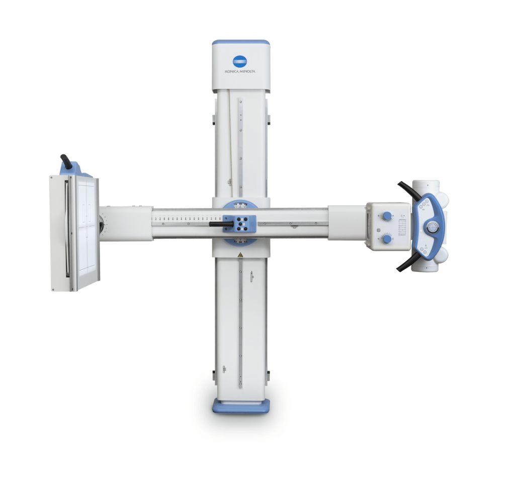 Konica Minolta straight arm digital radiography system shown from above with wall stand, U-arm column, and tube head