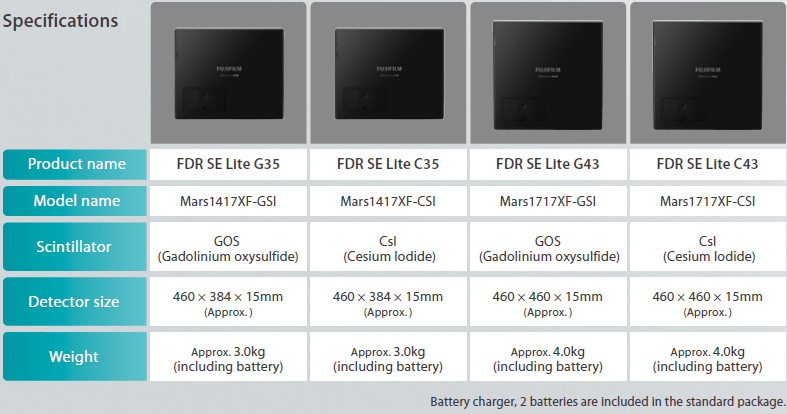 Specifications table comparing FDR SE Lite detector models G35, C35, G43, and C43 by scintillator, size, and weight