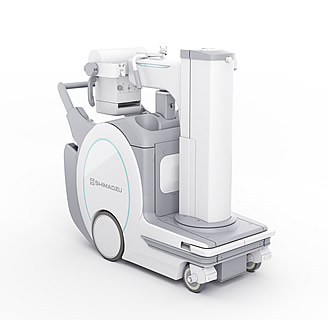 Shimadzu MX8 mobile X-ray system, angled view showing the compact wheeled base and tube column