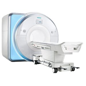 Siemens Magnetom Skyra 3T MRI scanner, angled front view product photo