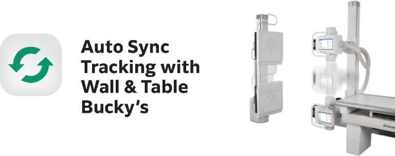 Icon and graphic illustrating the Essentia FS's auto sync tracking between wall and table Bucky detectors