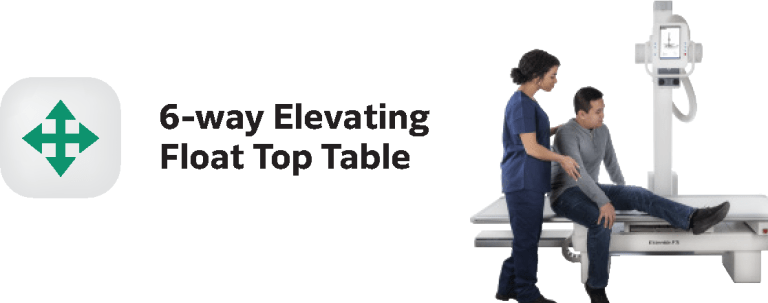 Icon and graphic illustrating the Essentia FS's 6-way elevating float top table, shown with a technologist positioning a seated patient