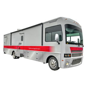Mobile imaging coach/trailer shown at an angle with Call for an Appointment signage