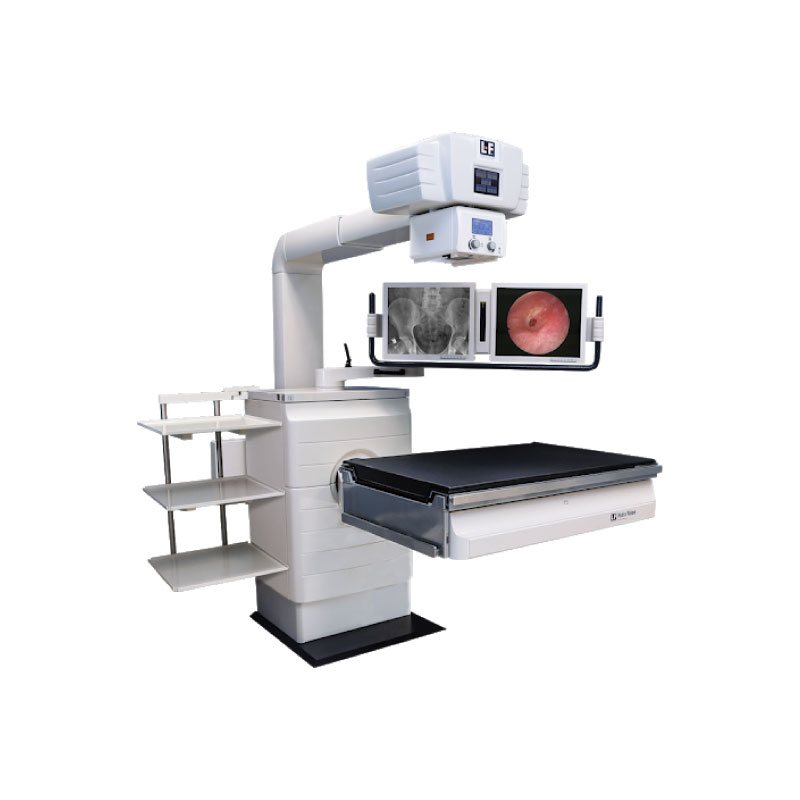Urology fluoroscopy C-arm system with a patient table and dual-monitor imaging display