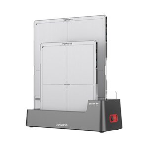 Two Vieworks Vivix-S wireless flat panel detectors displayed upright in their charging dock