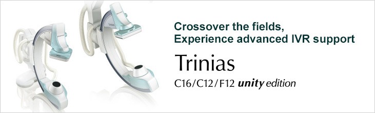 Canon Trinias C16/C12/F12 unity edition banner showing the C-arm systems with the tagline 'Crossover the fields, Experience advanced IVR support'