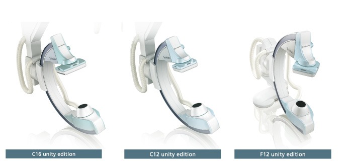 Three Canon Trinias C-arm configurations compared side by side: C16, C12, and F12 unity editions