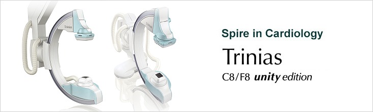 Canon Trinias C8/F8 Unity Edition banner showing both C-arm systems, reading "Spire in Cardiology"