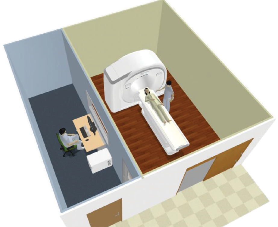 3D illustration of a compact CT scan room layout with the SCENARIA View Focus Edition scanner and separate control room