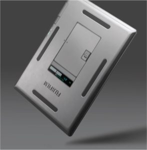 Fujifilm FDR D-EVO III detector shown at an angle highlighting its slim metal casing