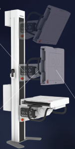 Exploded diagram of the FDR Clinica wall stand, tube column, and table components with connecting sensor lines