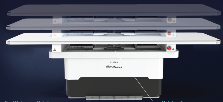 Diagram of the FDR Clinica X table showing dual reference rotation and rotating tray features across stacked tabletop layers