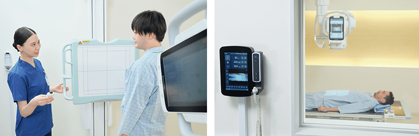 Technologist positioning a patient at the wall bucky stand, and a wall-mounted exposure console with a patient on the table, both part of the RADspeed Pro SR5 system